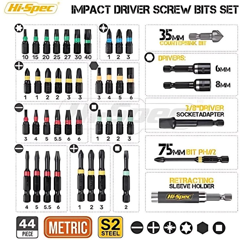 Hi-Spec 43-Piece 1/4 Inch Hex Impact Wrench Set Includes flexible