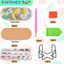 DIY Diamond Art Coasters with Holder, Boho Diamond Coasters Painting Coasters, Colorful Leaves Painting Kits for for Adults, Diamond Art Craft Kits (8 Pcs Pink Leaf Style with Holder)