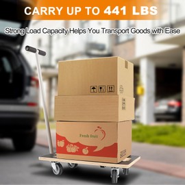 Heavy Duty Rectangle Wood Platform Dolly with Handle - 441-Lb Capacity, 3" TPR Wheels, Multifunctional Furniture & Plant Mover for Transporting Heavy Items