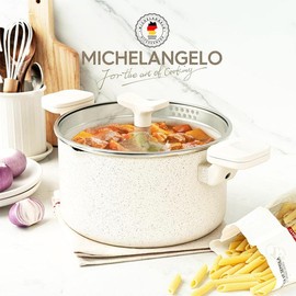 MICHELANGELO Nonstick Pasta Pot with Strainer Lid, 6 Quart Stock Pot with Twist and Lock Handles, Multipurpose Cooking Pot - Color: White