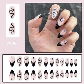 FIEONCIY Press on Nails Almond Shape-Glossy Full Cover Acrylic Black French False Nails with Snake Designs Artificial Medium Almond Pointed Fake Nails Glue ons Nails Stick on Fingernails for Women