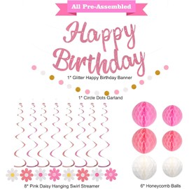 Birthday Decorations,Pre-Strung Happy Birthday Banner with Honeycomb Balls, Hanging Swirls, Circle Dots Garland, Happy Birthday Party Decorations for Women Men Boys Girls.NO DIY (Pink Happy Birhday)