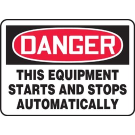 Accuform MEQM087VP Plastic Safety Sign, "Danger This Equipment Starts and Stops Automatically", 7" Length x 10" Width x 0.055" Thickness, Red/Black on White