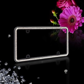 JR2 Brilliant Sparkling Crystals Black Metal License Plate Frame+Free Cap+Free Screw (Black Frame+White Crystal)