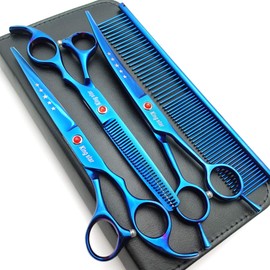 7.0in Titanium Professional Pet Grooming Scissors Set,Straight & Thinning & Curved Scissors 3pcs Set for Dog Grooming,A350 (Blue)