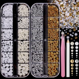 2 Boxes Flatback Pearls for Nail, Gold Silver Nail Beads for Nail Art, Mixed Sizes White Beige Half Pearl Nails Charms Gems, ABS Round Plastic Beads Accessories for Acrylic Nails Manicure Decor