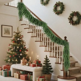 DR.DUDU 9FT Real Touch Norfolk Pine Garland, Christmas Artificial Greenery Garlands for Mantle Fireplace Stairs - Indoor Outdoor Xmas Decorations