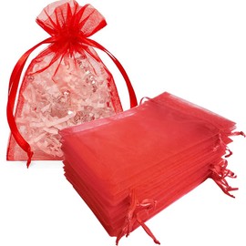 Jwsqmc 5x7 Inch Organza Gift Bags with Drawstring for Jewelry,Candy,Dried Lavender Flowers,100 Pcs Red Sachet,Sheer Fabric Mesh Pouch for Baby Shower,Birthday,Party Favors,Wedding,Bridal Shower,Easter