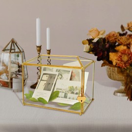 Gold Wedding Glass Card Box with Lock and Slot - 12.6 x 5.9 x 9.0inch Clear Lock Box with Key - Card Holder for Reception