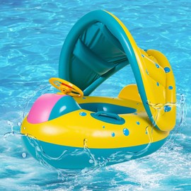 AFPYC Flotador de Piscina para Niño, Lindo para Piscina, con Toldo Extraíble, Soporte Inferior Seguro, Flotador para Niño, Juguetes de Fiesta de Natación en la Playa（Barco Trompeta）