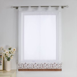 CORLIF Roman Blind with Floral Pattern Embroidered Roman Curtain Kitchen Modern Tab-Top Roller Blind Linen Look Transparent Roller Blind Short Window Scarf Country House with Loops W/H 120/150 cm