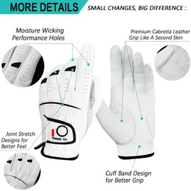 FINGER TEN Golf Gloves Men Left Right Hand Handed Golfer Cabretta Leather Value 3 Pack, Mens Non Slip Natural Fit All Weather Small Medium ML Large XL Size (M-Large, Worn on Left Hand)