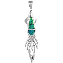 Sterling Silver Synthetic Opal Squid Pendant for Women Hand Inlay Cubic Zirconia Accent1 7/8 inch Tall