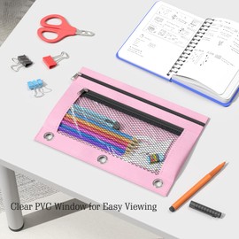 DoDoMagxanadu Binder Pencil Pouches, Pencil Pouch for 3 Ring Binder, Double Pocket Clear Window Pencil Case for Binder, Zippered Pencil Pouches with Rivet Enforced 3 Ring, 2 Pack (Grey&Pink), B5