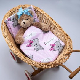 PinkZebra 3er Set Puppenbettwäsche für Puppenbett, Puppenbettzeug 3-teilig, Decke + Kissen + Matratze, Puppenbettzeug mit Matratze, aus Baumwolle, It's a Girl