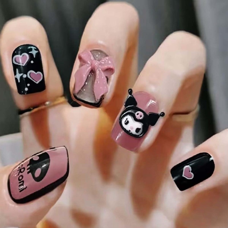 Handmade Nail Tip, Long Almond, Stiletto False Nails, Pink, Black,
