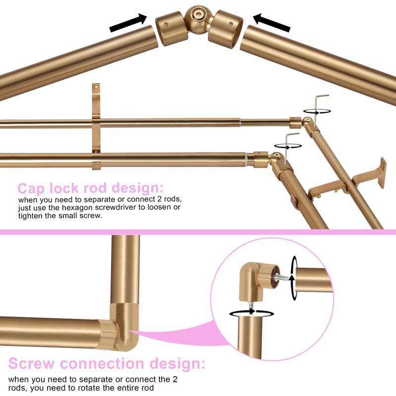 Warm Gold Double Corner Window Curtain Rods with Aluminum End