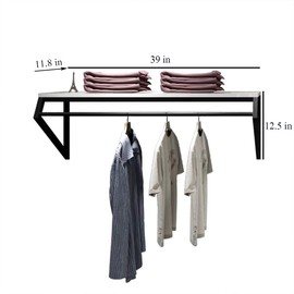 FURVOKIA Modern Simple Men's and Women's Clothing Store Heavy Duty Metal Display Stand,Wall-Mounted Garment Rack with Wood,Clothes Rail,Bathroom Hanging Towel Rack (Black Square Tube, B-39 L)