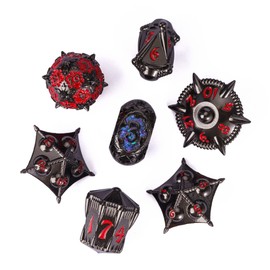 Cusdie Metal DND Dice Set, 7 PCs DND Metal Dice, Dragon Design Polyhedral Dice Set, for TTRPG Role Playing Game D&D Dice (Black with Red Numbers)