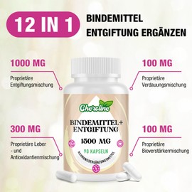 Bindemittel Entgiftung 1500 mg, leistungsstarkes 12-in-1-Ergänzungsmittel für Leber-Entgiftung und Darm, mit Aktivkohle gegen Giftstoffe, Vegane Kapseln (90 Stück (2er Pack))