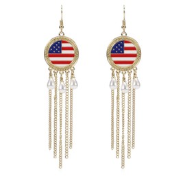 American 4th of July Long Flag Star Heart Round Pearl Tassel Earring For Women American Independence Day Red White Blue Flag Earring Independence Day Patriotic Earrings Holiday Gifts (Pearl round)
