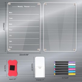 2 Pieces Meal Planner Board, Acrylic Magnetic Whiteboard for Fridge, Reusable Weekly Planner Whiteboard Comes with 6 Pieces Markers, Pouch And Eraser