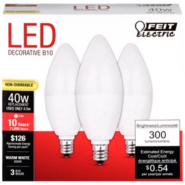 Feit Electric CTF40/10KLED/3 Non-Dimmable Led Bulb, 40 W, 120 Vac, 300 Lumens, 3000 K, CRI >80, 4 in L, 3.9" H x 1.4" D, Warm White, 3 Piece