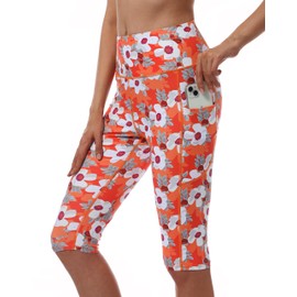 Cagola Womens Swim Capris Swim Pants Knee Length Long Swim Shorts UPF50+ Capri Swimsuits High Waisted Tummy Control Quick Dry Orange Flower Medium