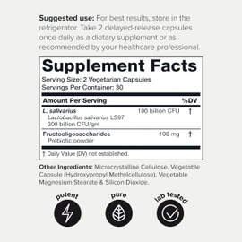 100 Billion CFU Lactobacillus Salivarius Probiotic - Highest Verified CFU Count - Third-Party Lab Tested for Potency - 60 Vegetarian Capsules - 30 Servings - TQ Verified