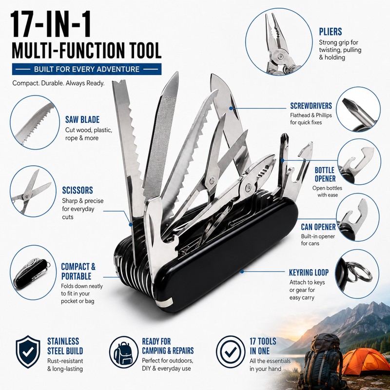 17-in-1 Multi-Tool Pocket Knife for Outdoor Use – Compact Folding