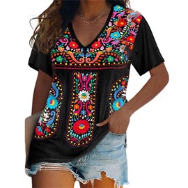 Melliflo Short Sleeve Mexican Tee Shirts for Women Floral Embroidered Loose Tops Ethnic Style Boho T-Shirts(V Black. Large)
