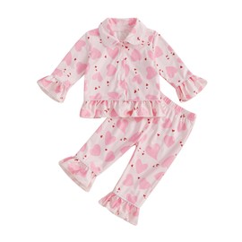 MAHUAOYIXI Toddler Girl Pajamas Set Loungewear Sleepwear Outfits Heart Print Long Sleeve Button Down T-Shirts Sweatshirts Tops and Elastic Pants 2Pcs Clothes Set for Little Girls (Pink, 18-24 Months)