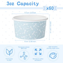 Maxdot 3 oz Bow Treat Snack Cups 60 Pcs Dessert Cups Disposable Ice Cream Dessert Bowls, Paper Yogurt Bowls, for Hot and Cold Foods, Suitable for Gelato or Mousse (blue)