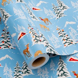 Garbendy Christmas Wrapping Paper Roll - Mini Roll 17in X 32.8ft - Reindeer, Christmas Tree & Red House with Glitter Red Foil Designs Printed in Blue Gift Wrap Paper with Cut Lines on Reverse for Christmas