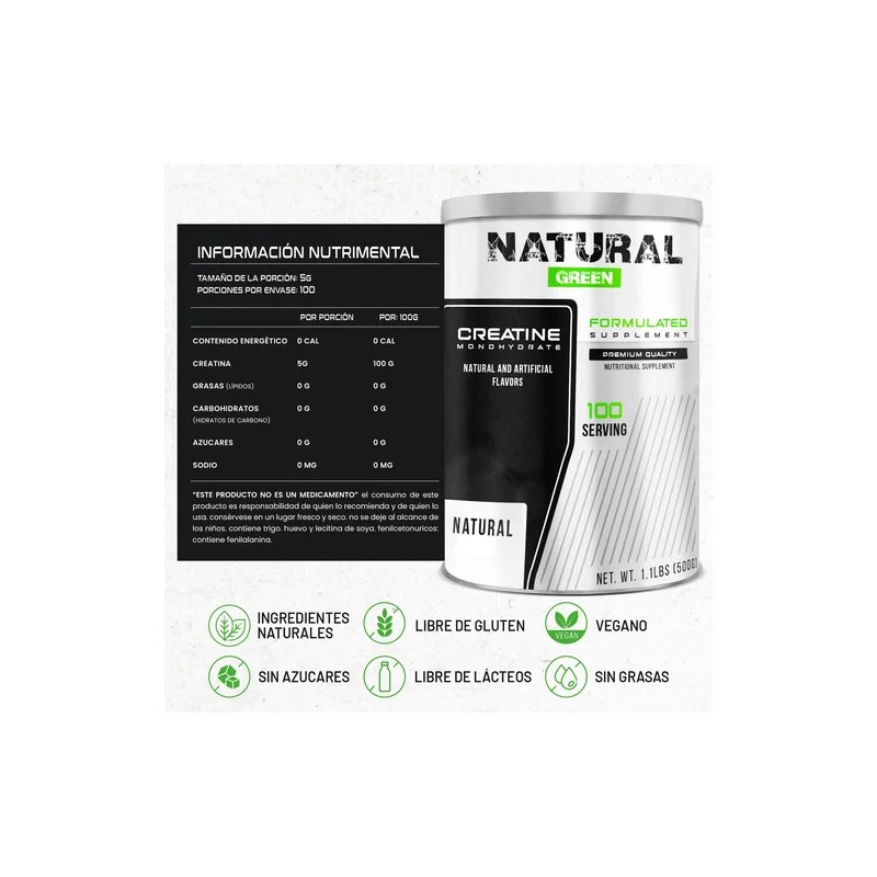 Creatina Monohidratada Green 500g 100 Servicios