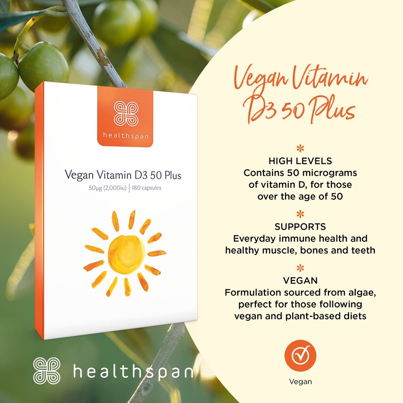 Healthspan Vegan Vitamin D3 50 Plus | 180 Capsules |