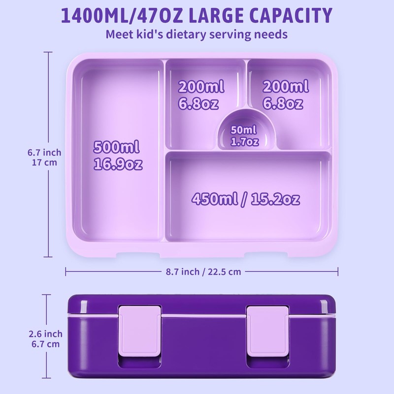 rockpapa 5 Compartment Bento Lunch Box for Kids, Leak Proof,