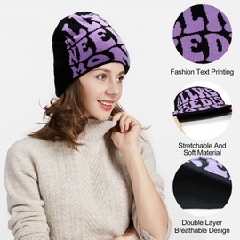 YAMEIZE Beanie Hat Men Women Letter Print Hat Slouchy Skull Cap Winter Knit Hat Hip Hop Fashion Beanie, Black-purple