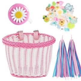 Kids Bike Basket, Kid's Front Handlebar Basket,Girl's Basket Kit, Suitable for Most Children's Bicycles and Kids Tricycles Handlebar (White Pink)