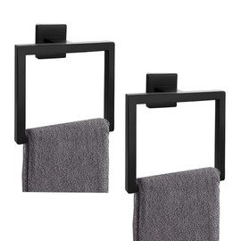 2-Piece Matte Black Square Towel Ring,Modern Hand Towel Holder for Bathroom,Stainless Steel Towel Hangers Wall-Mounted Bathroom Accessories