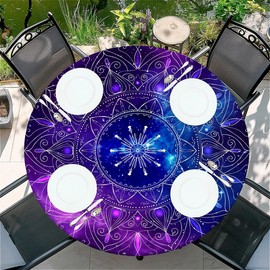 Outdoor round tablecloth with elastic band, diameter 44 inches - 110 cm, elastic garden tablecloth with purple magic pattern, suitable for 95 cm - 105 cm