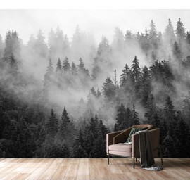 PYFFYP- Black Misty Forest with Pine Wallpaper murals for Bedroom（Not Peel and Stick）