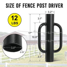 Fumingpal T Post Driver - 12LB Fence Post Driver Heavy Duty Hand Post Pounder with Handle Black Steel Rammer for U Fence Post Wooden Post Hole Diggers