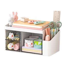 Marte Vanci Desk Organiser with 3 Drawers, Cute Desktop Stationery Organiser, Plastic Makeup Storage Box, Multifunctional Desk Accessories Tidy Caddy for Art Supplies Crafts White