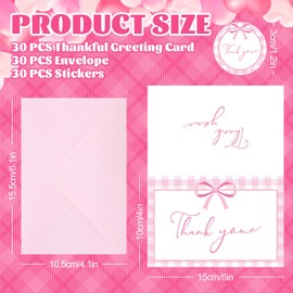 Whaline 30 Packs Pink Bow Thank You Cards Coquette Bowknot Greeting Cards 6 Designs Blank Note Cards with Envelopes and Stickers for Birthday Wedding Baby Shower, 4 x 6 Inch