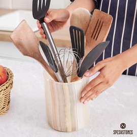 SPESHSTONES Marble Utensil Holder 6.5 Inch White Onyx Stone Cooking Utensil Crock for Countertop Storage, Modern Utensils Caddy, Spoon & Spatula Organizer for Farmhouse Kitchen Decor