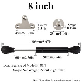 80N Gas Spring Lift Support Struts, 2 Pieces 8" Black Gas Strust with Mounting Brackets, Shock Absorption Soft Close Hinge for Cabinet Floor Hatch