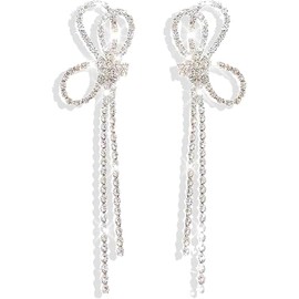 Rhinestone Bow Earrings Christmas Bow for Women Crystal Tassel Earrings Ribbon Earring for Christmas New Year (Silver, One size)