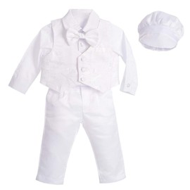 Lito Angels Baby Boys Christening Clothes Christening Suit 5-Piece White Suit with Jacquard Vest and Christening Bonnet for Christening, White