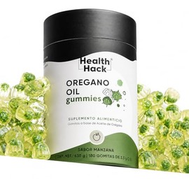 Health Hack Aceite de Orégano en Gomitas, 60 mg con 80% Carvacrol, Reforzado con Extracto de Granada y Uva, Sabor Manzana, Suplemento Botánico Vegano 